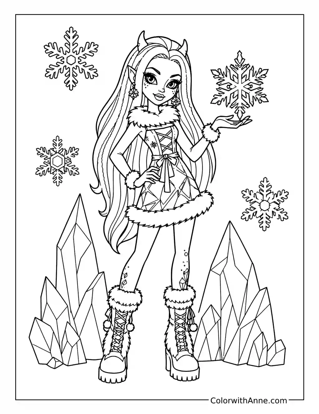 Abbey Bominable Holding a Snowflake Among Ice Crystals coloring page