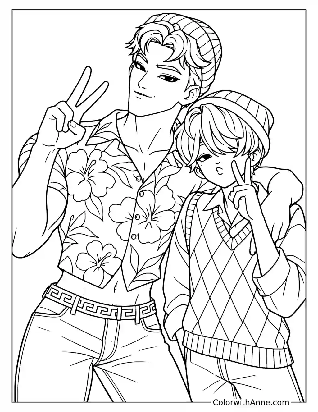 Coloring page of Abby Saja and Baby Saja making peace signs while standing close together in patterned clothing