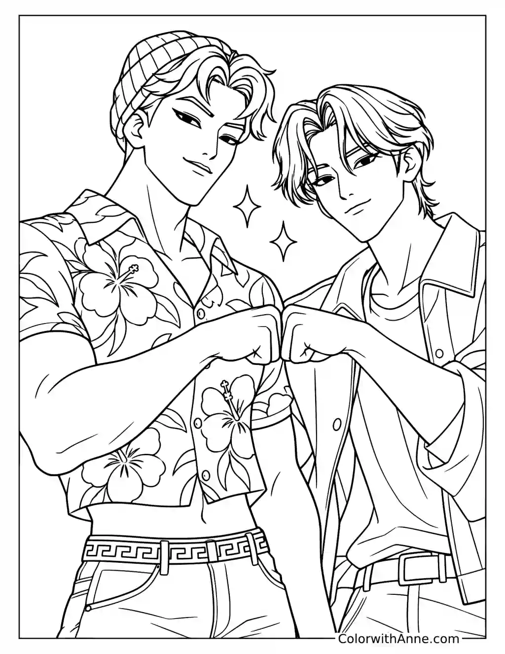 Coloring page of Abby Saja and Jinu touching fists together with small sparkles between their shoulders
