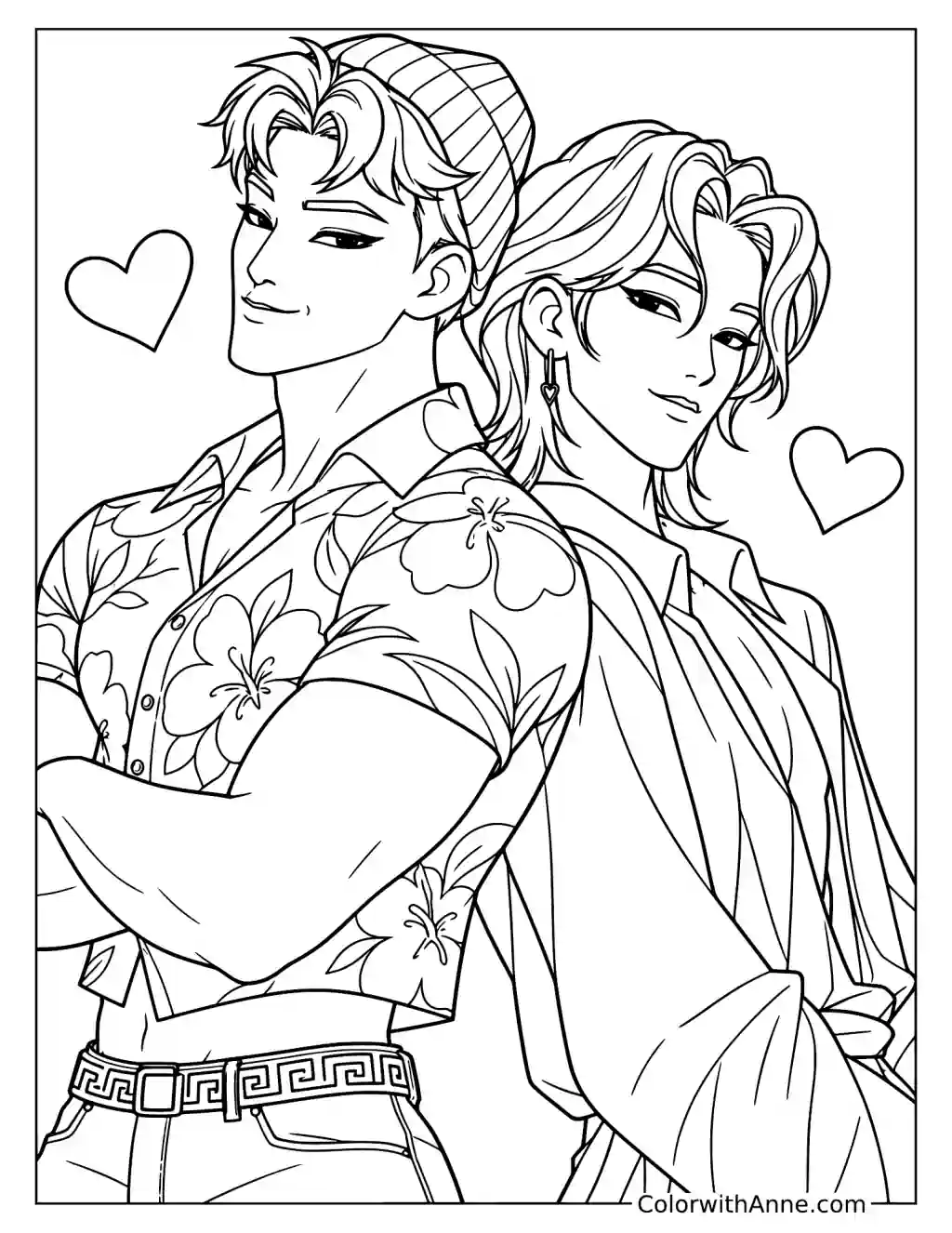Coloring page of Abby Saja and Romance Saja standing back to back with hearts floating on either side