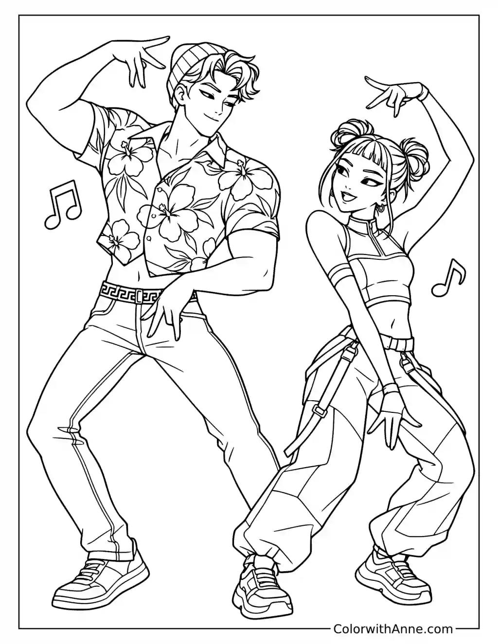 Coloring page of Abby Saja and Zoey dancing side by side with raised arms and musical notes nearby