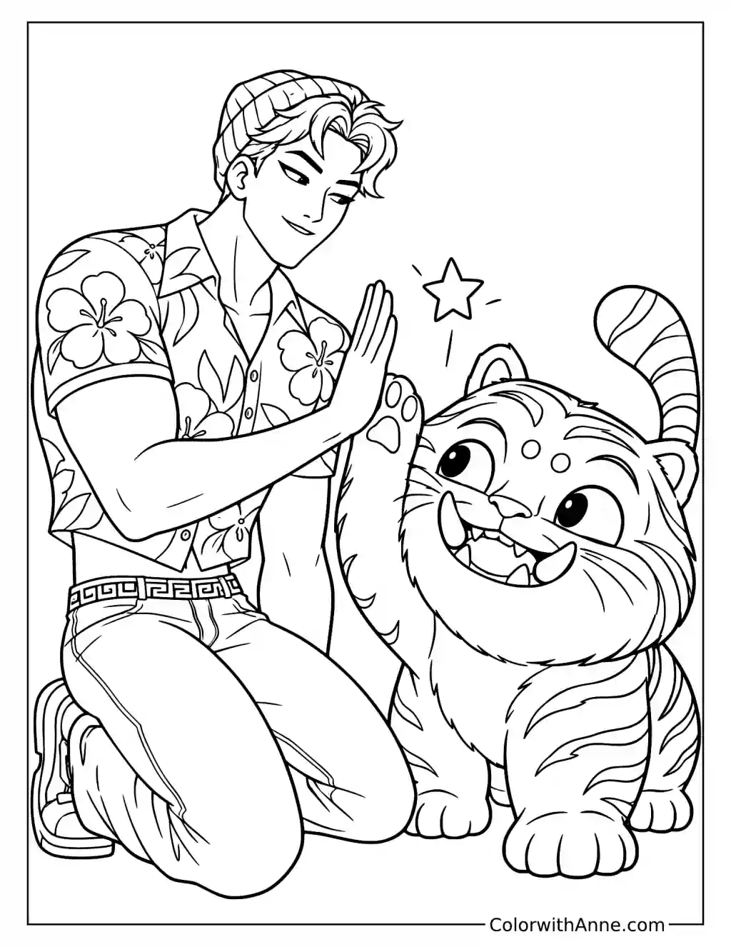 Coloring page of Abby Saja kneeling beside Derpy Tiger with his raised palm touching the tiger's paw