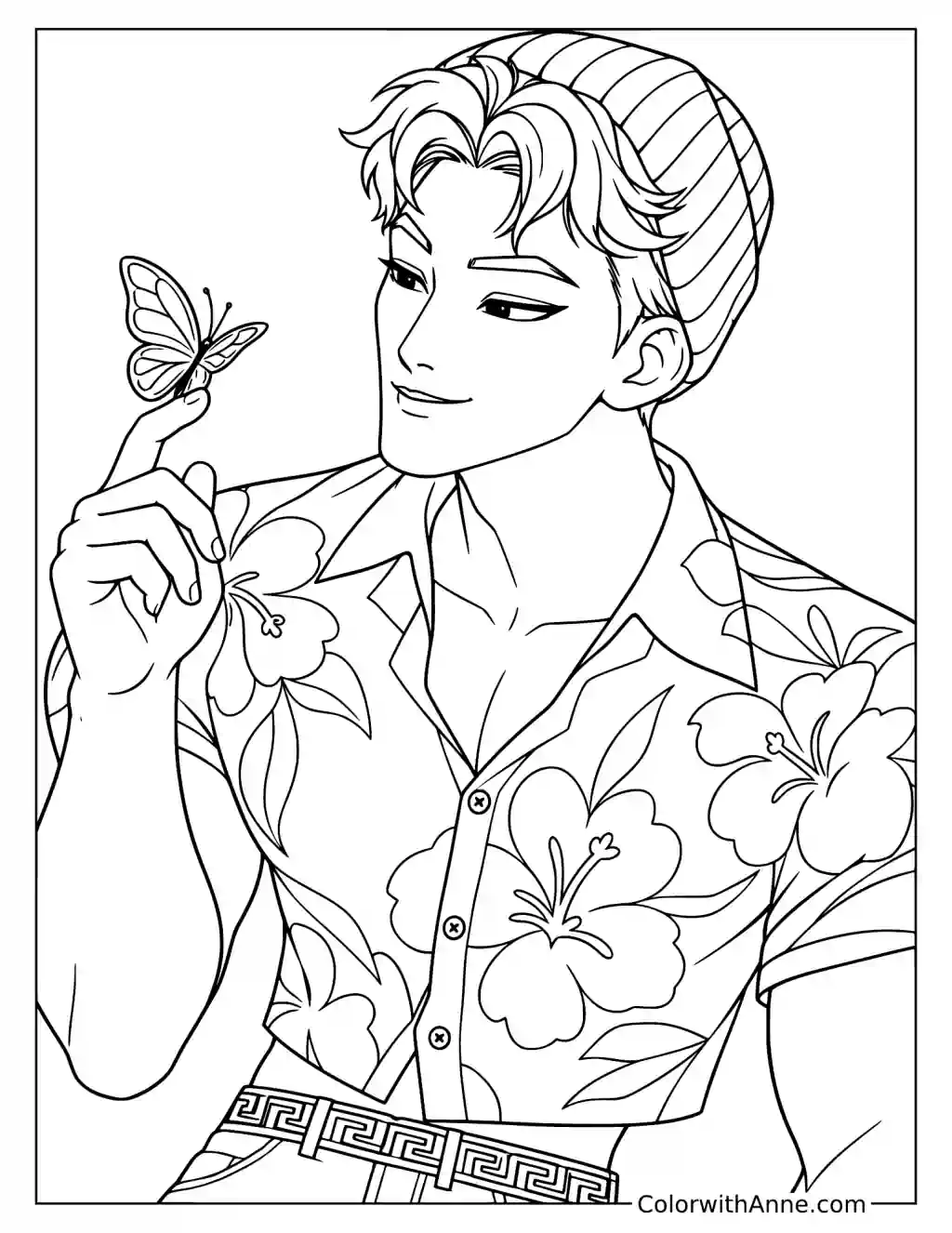 Coloring page of Abby Saja watching a butterfly perched on his raised finger beside his floral shirt