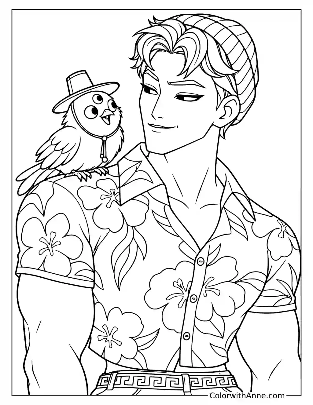 Coloring page of Abby Saja looking toward a small bird wearing a hat and sitting on his shoulder