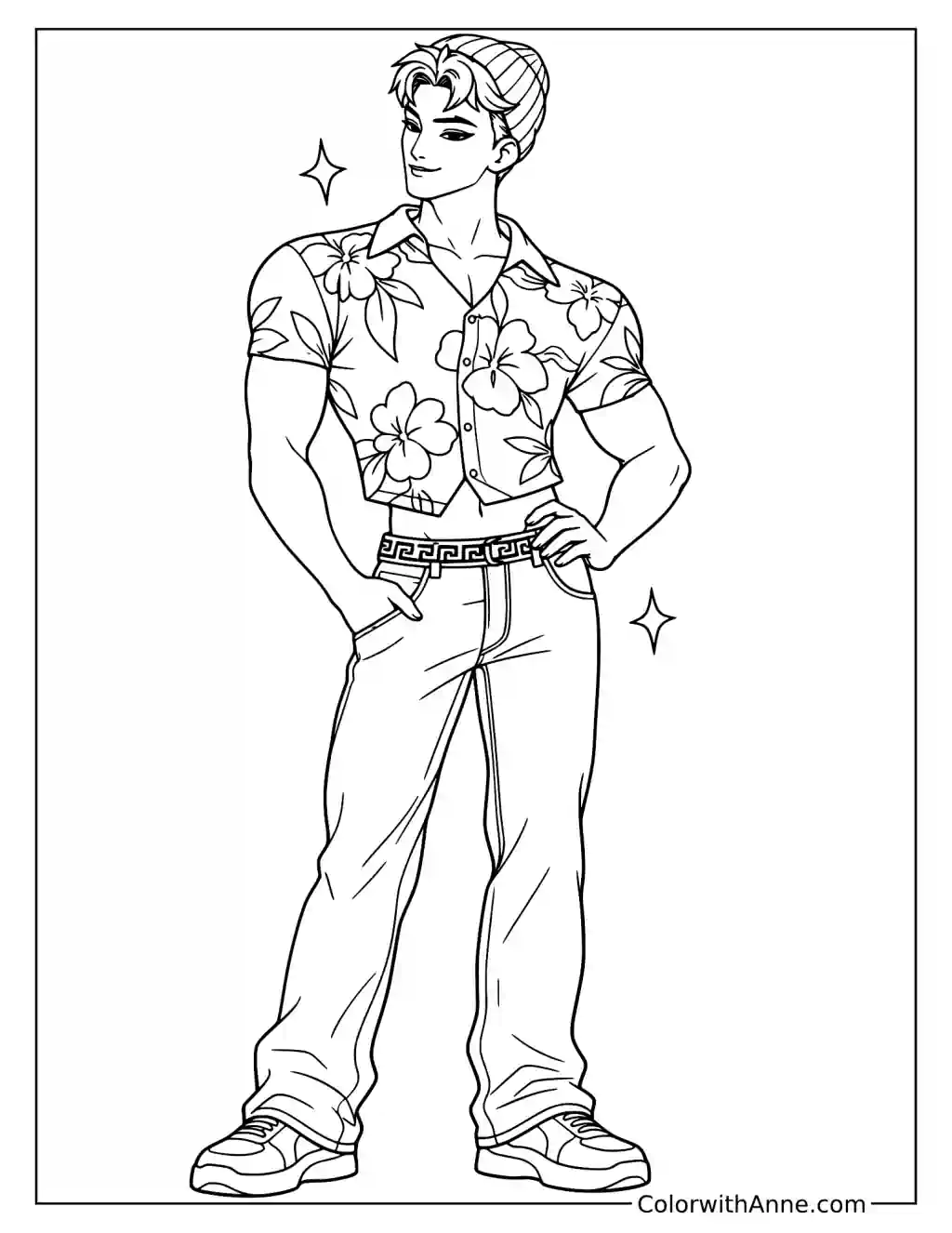 Coloring page of Abby Saja in a floral shirt, with one hand on his hip and one pocketed.