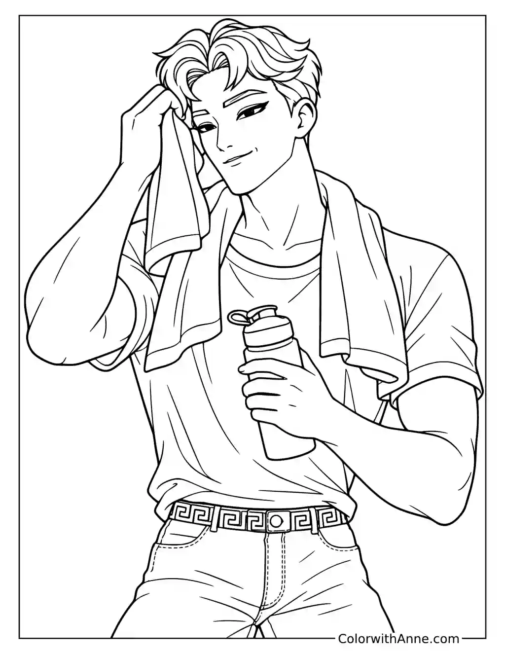 Coloring page of Abby Saja wiping his forehead with a towel while holding a small bottle in his other hand