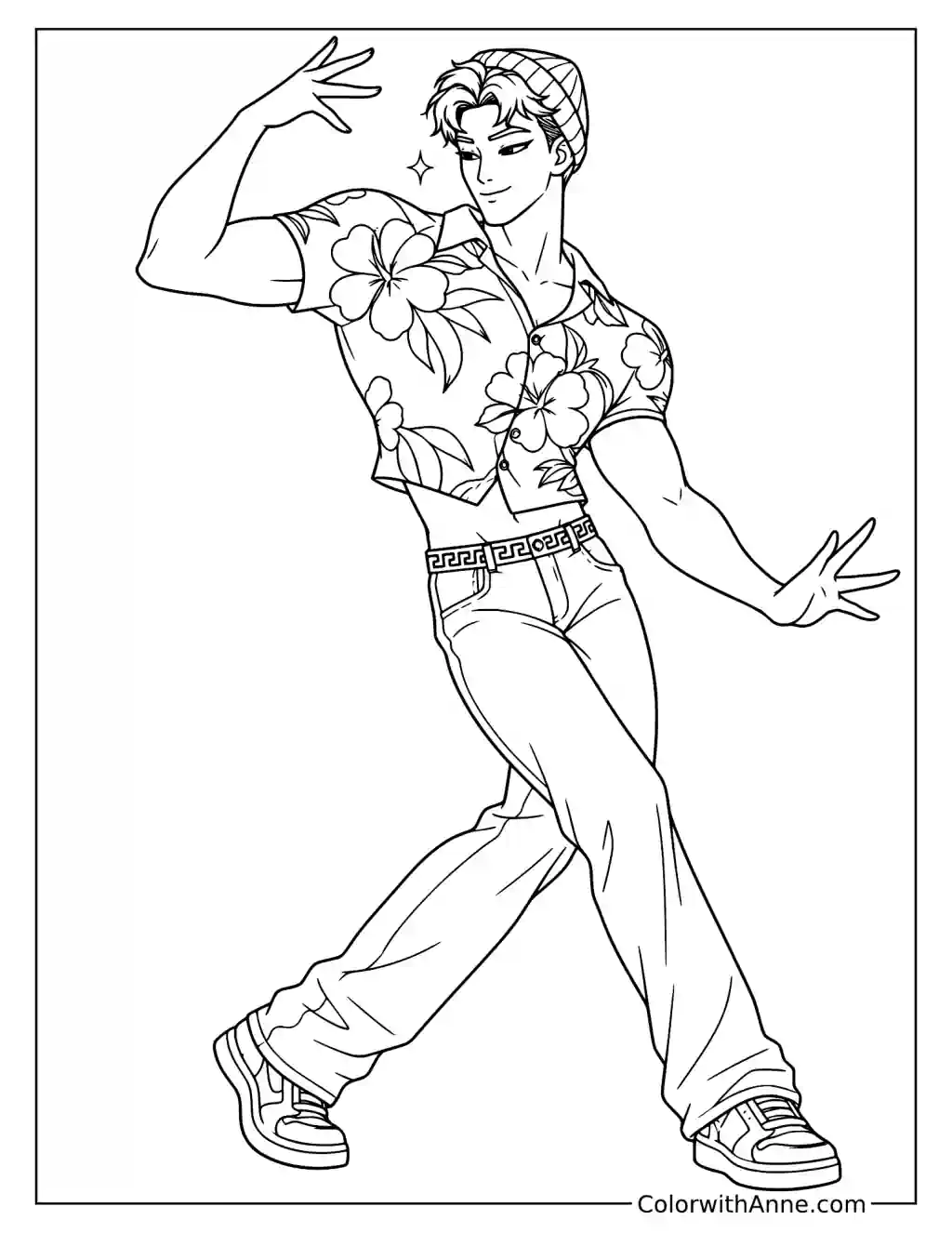 Coloring page of Abby Saja dancing with bent knees and spread hands as small stars float beside him