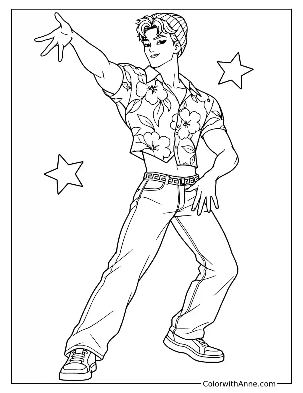 Coloring page of Abby Saja dancing with one hand raised above his shoulder and the other lowered beside floating stars