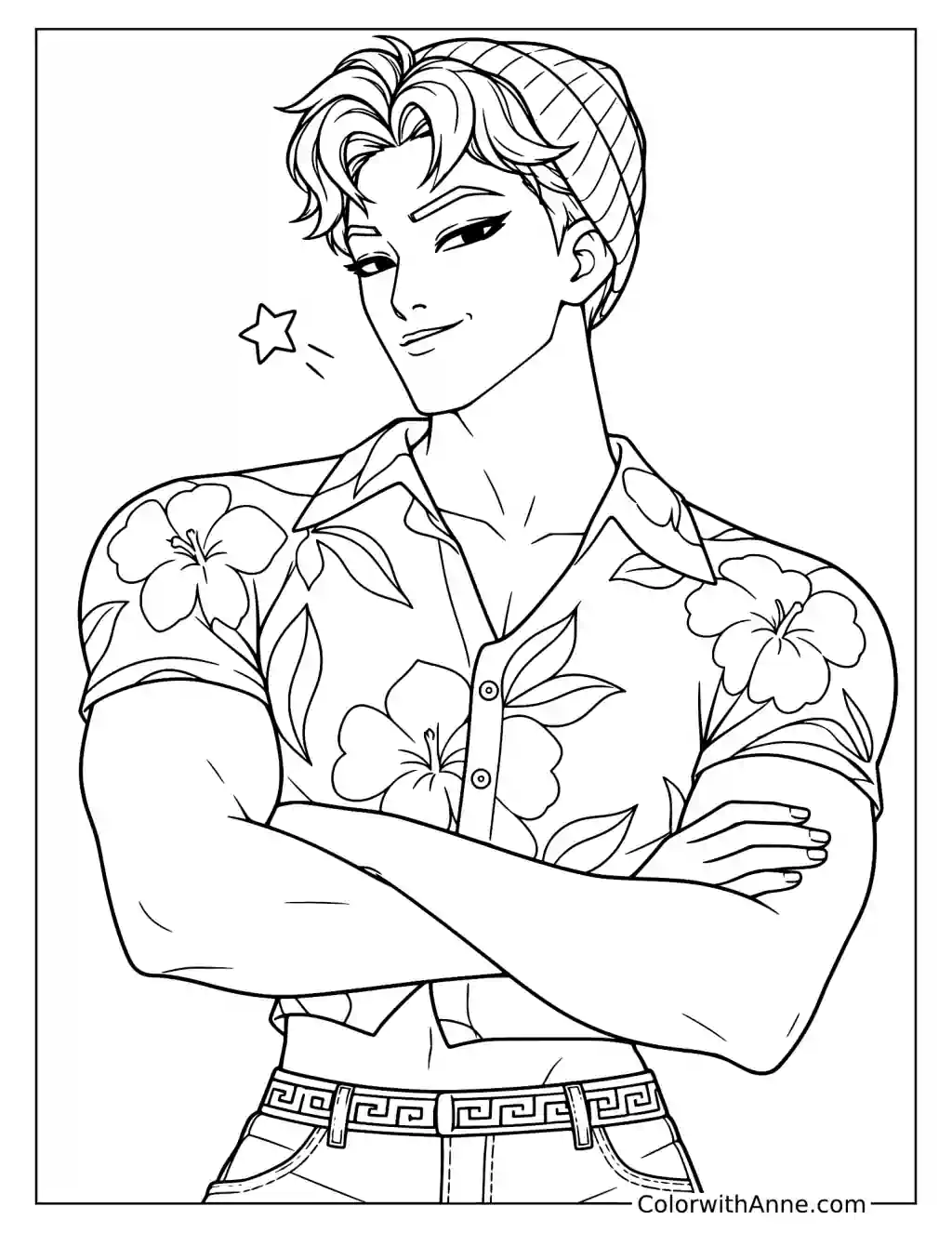 Coloring page of Abby Saja folding his arms across his floral shirt while wearing a ribbed beanie beside a star