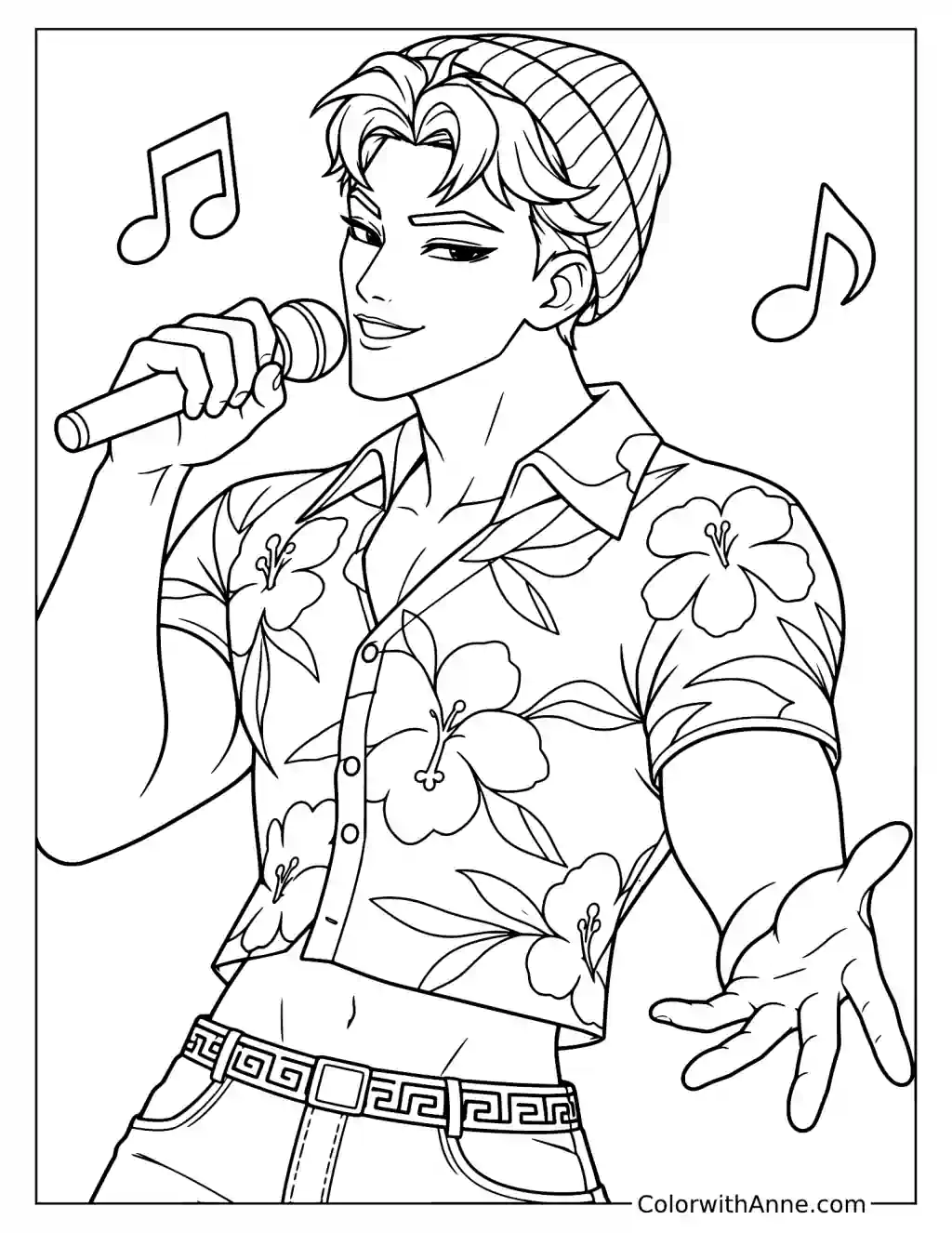 Coloring page of Abby Saja singing into a microphone with his other hand extended beside two musical notes