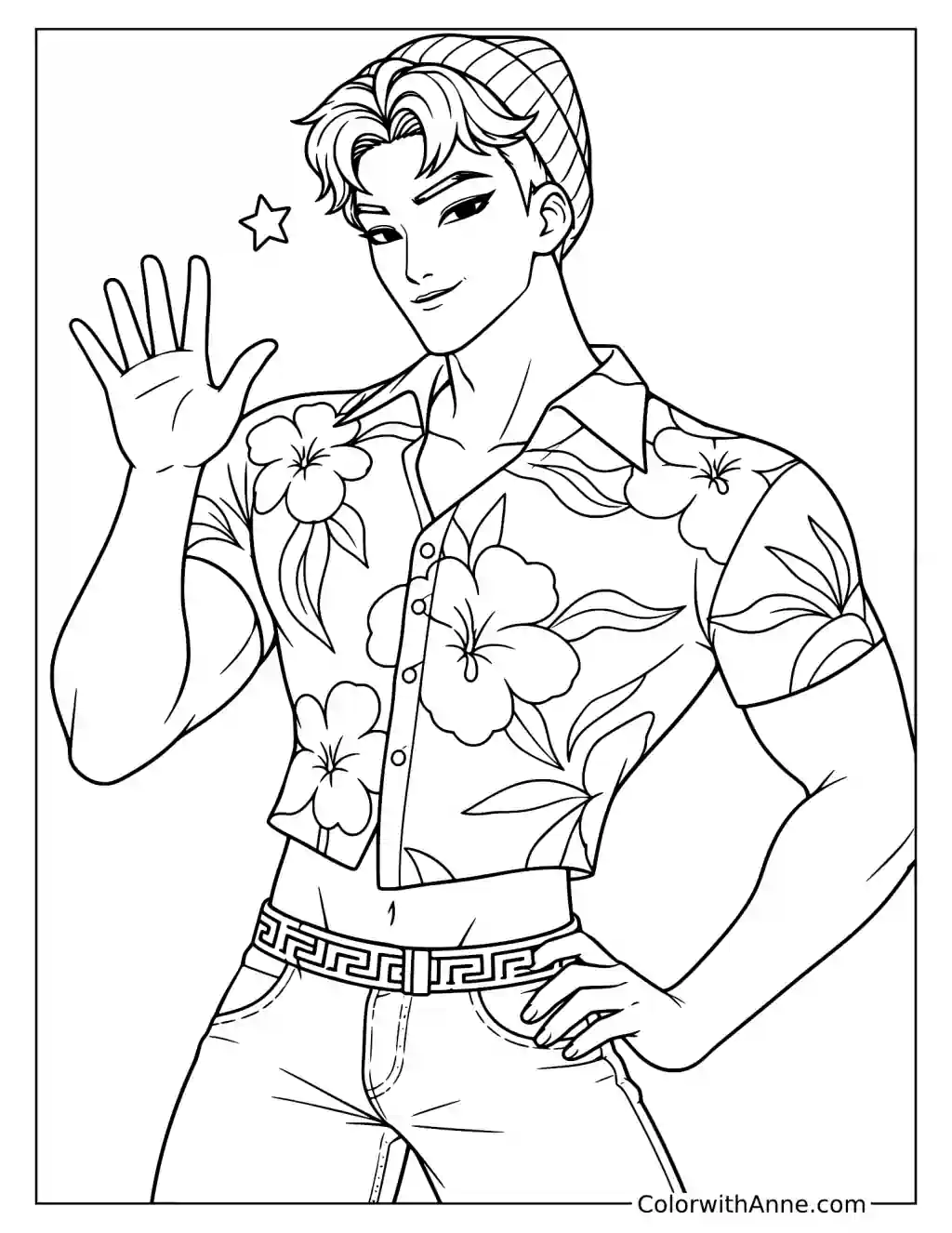 Coloring page of Abby Saja raising one hand in a wave with his other hand resting on his hip