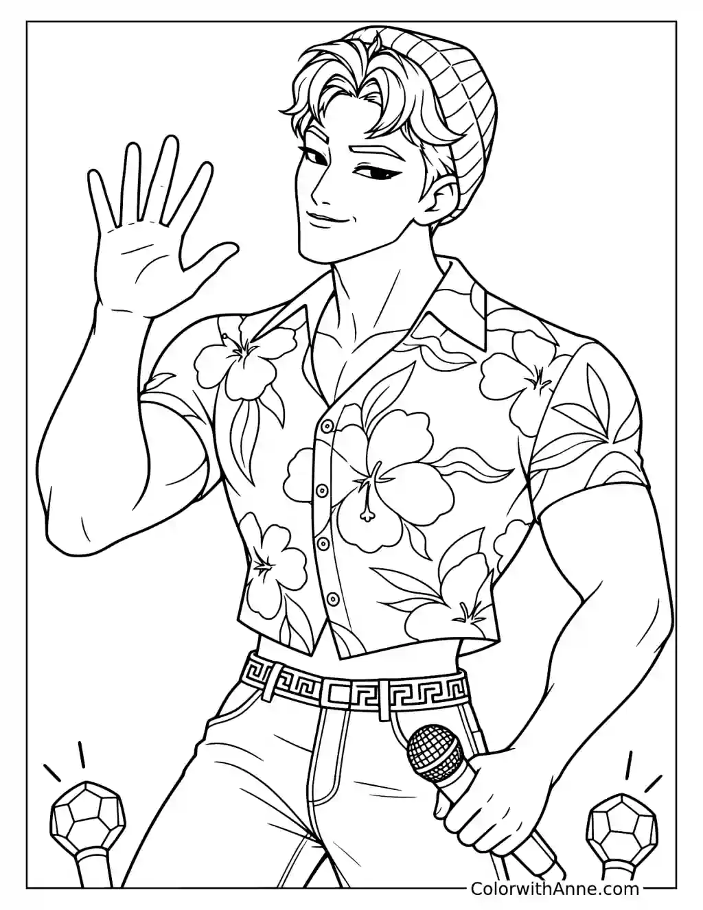 Coloring page of Abby Saja waving while holding a microphone beside two light sticks at the bottom of the portrait