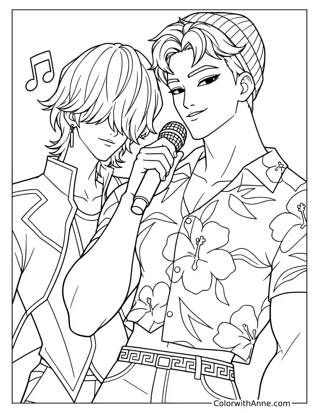 Coloring page of Abby Saja holding a microphone beside Mystery Saja with a musical note above them