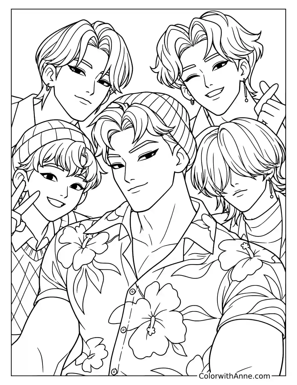 Coloring page of Abby Saja posing before four other Saja Boys with one arm extended toward the viewer