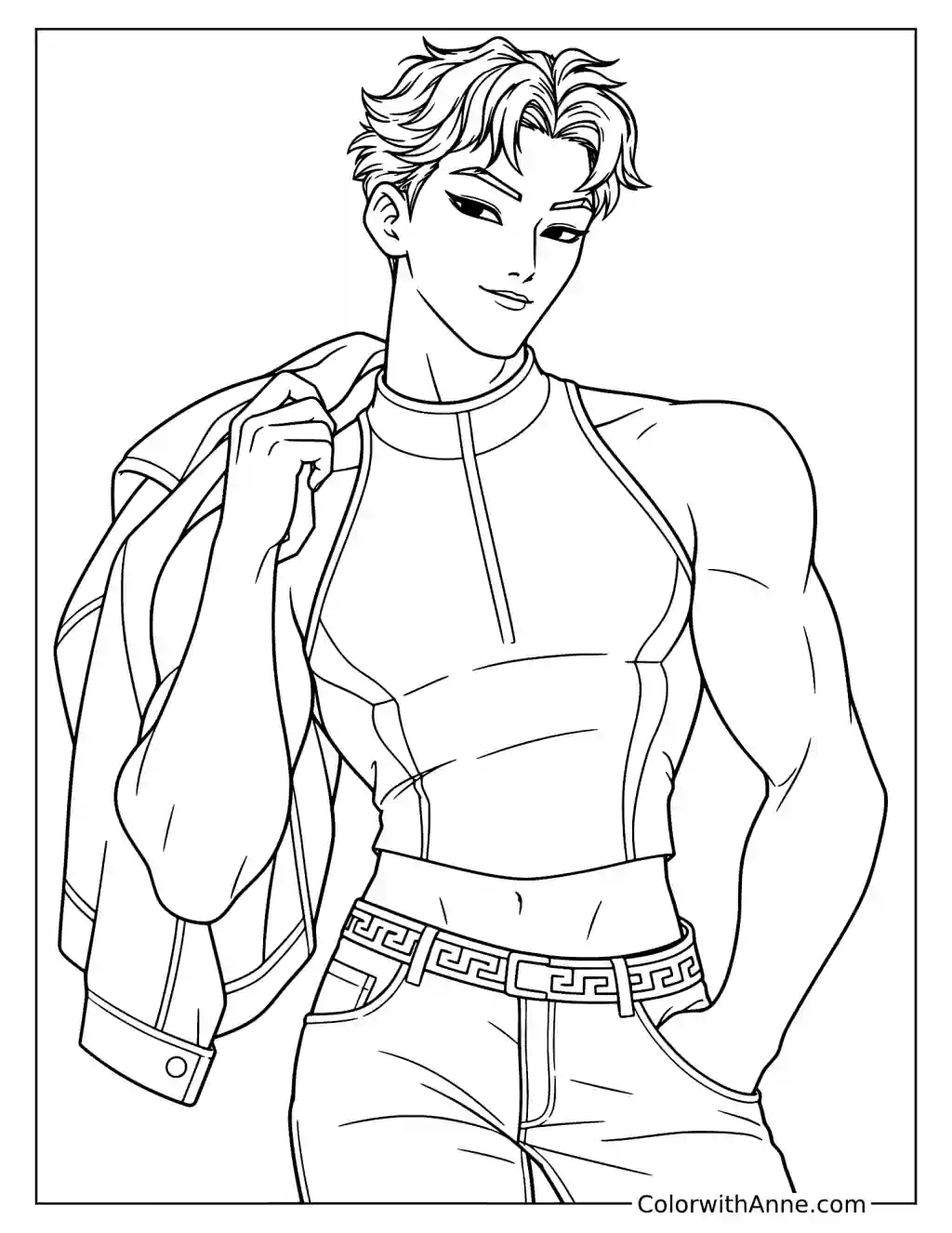 Coloring page of Abby Saja holding a shirt over one shoulder, wearing a sleeveless top with one hand pocketed.
