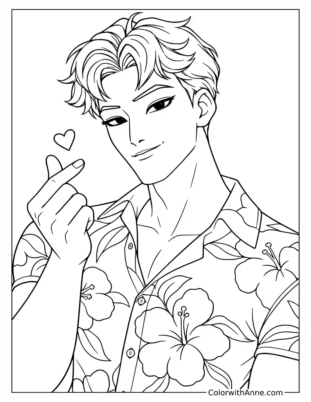Coloring page of Abby Saja making a finger heart beside his face with two larger hearts floating nearby