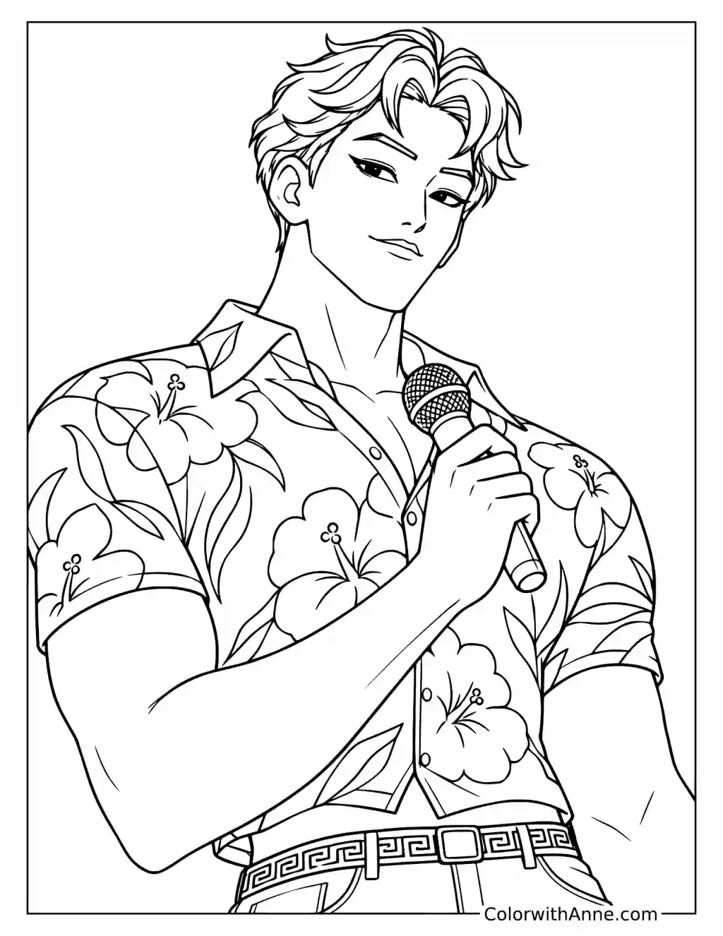 Coloring page of Abby Saja holding a microphone near his chest while wearing a floral shirt in a close portrait