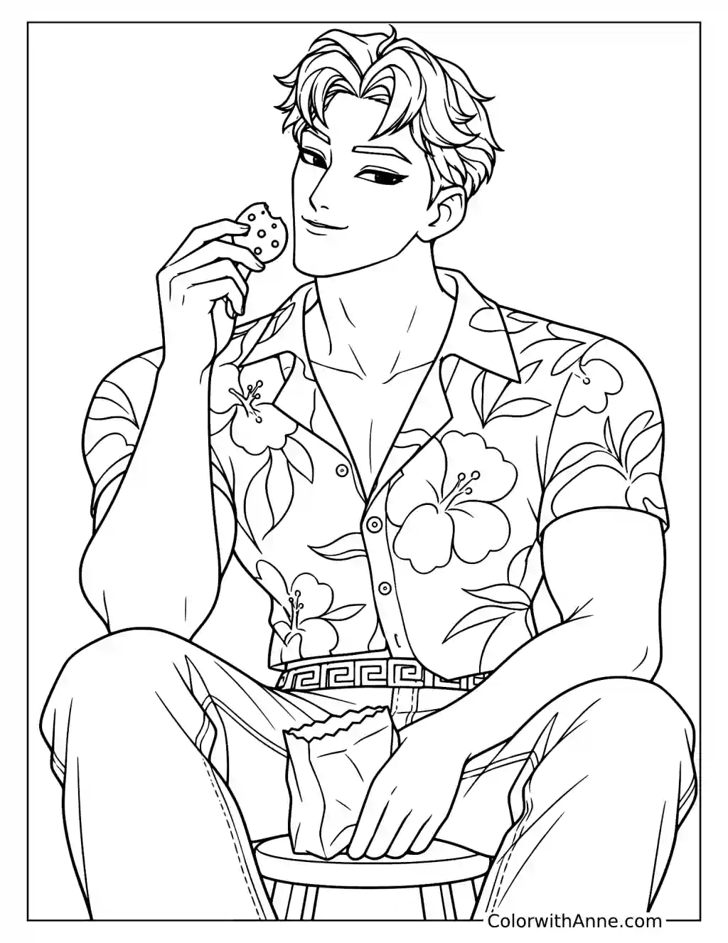 Coloring page of Abby Saja sitting with a cookie near his face and an open snack bag in his lap