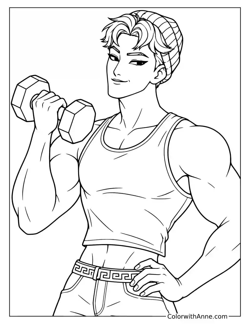 Coloring page of Abby Saja holding a dumbbell beside one shoulder with his other hand on his hip
