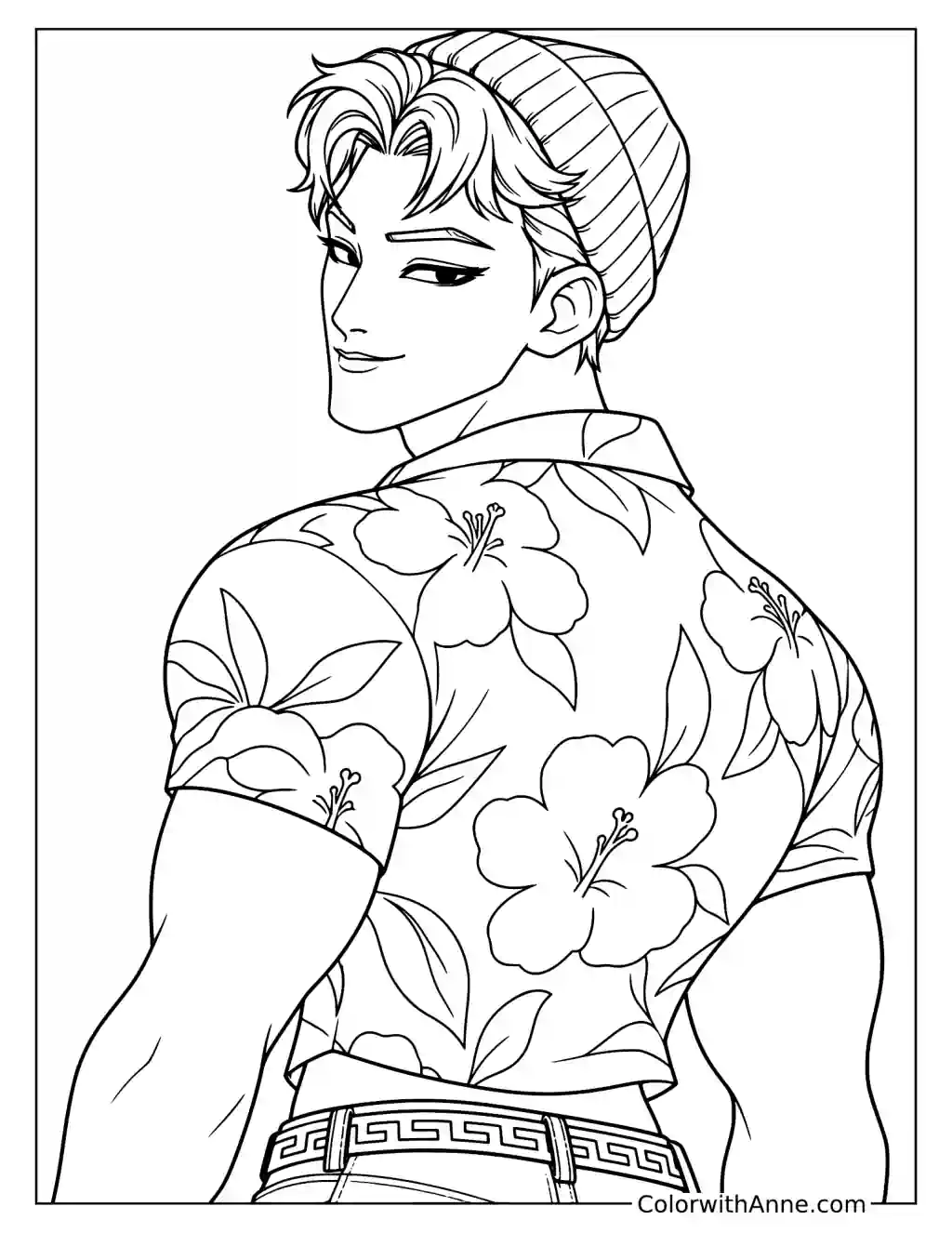 Coloring page of Abby Saja looking back over his shoulder with his beanie and the floral shirt's back visible