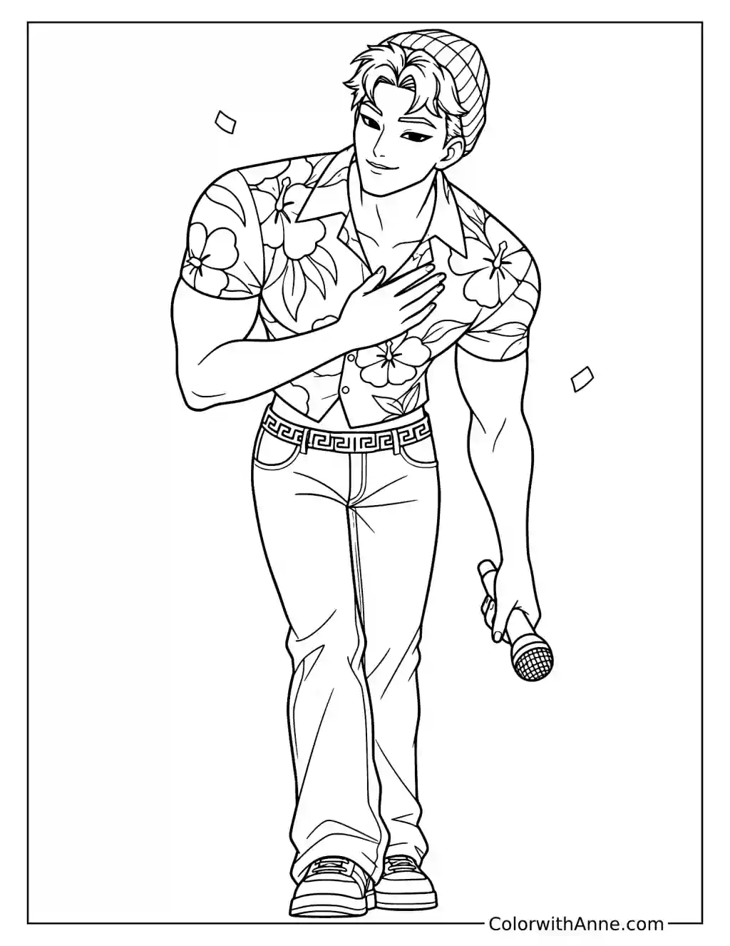 Coloring page of Abby Saja bowing slightly with one hand on his chest and a microphone lowered at his side