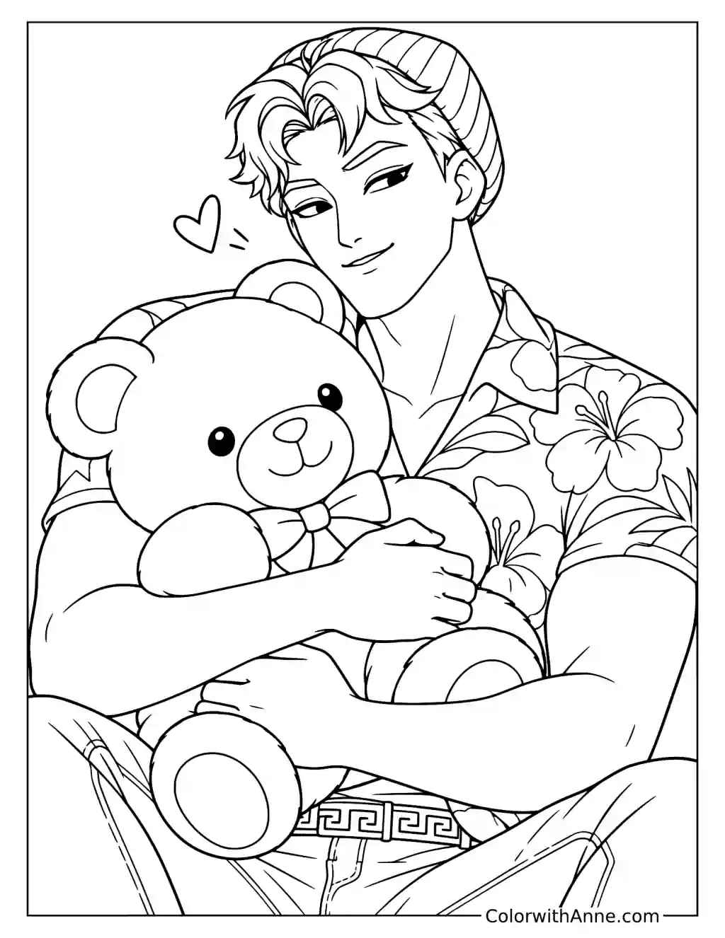 Coloring page of Abby Saja hugging a teddy bear against his floral shirt with a small heart floating nearby