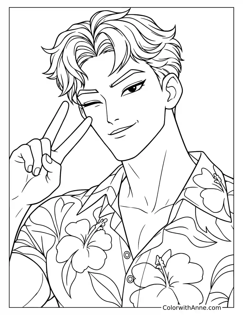 Coloring page of Abby Saja winking and raising two fingers beside his face while wearing a floral shirt