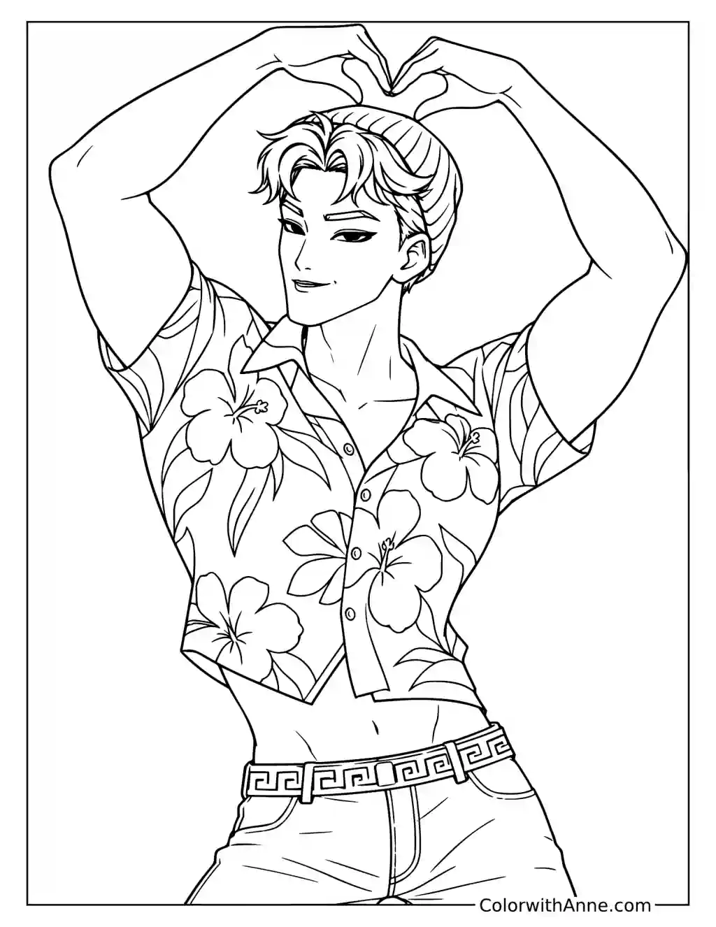 Coloring page of Abby Saja forming a heart above his beanie with both arms raised over his head