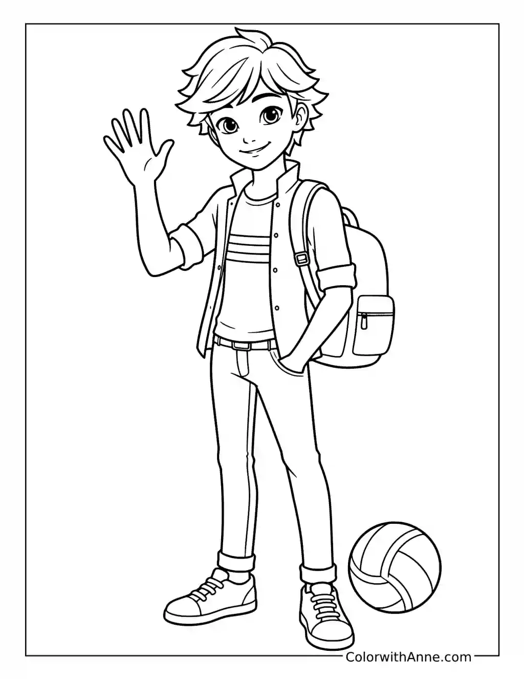 Adrien Agreste Waving with His Backpack coloring page