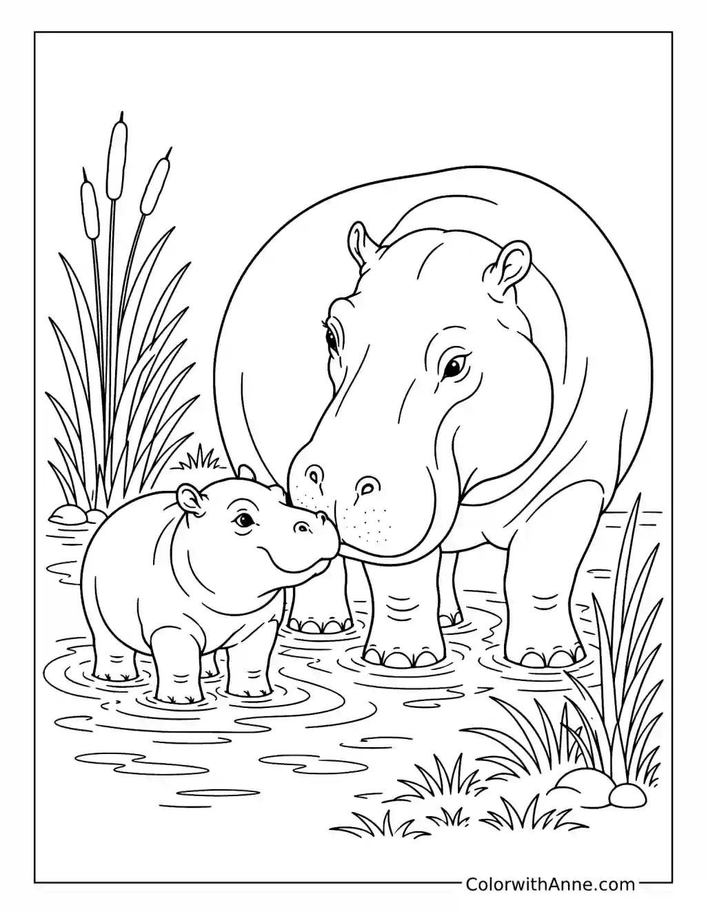 Adult and Baby Hippos, Nose to Nose coloring page