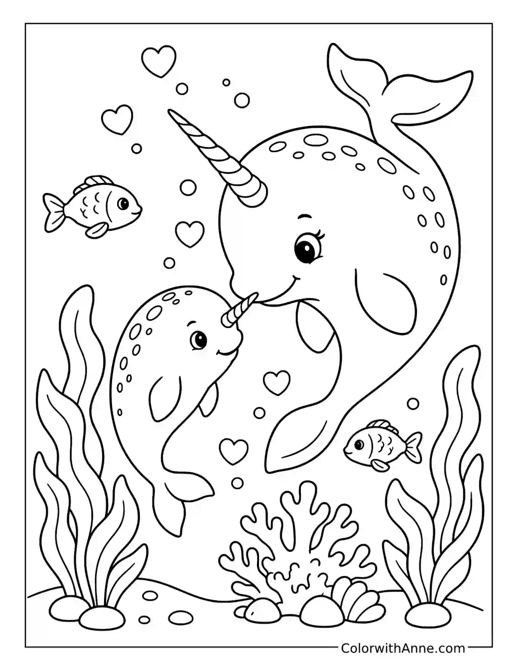 Adult and Baby Narwhals Touch Tusk to Snout coloring page