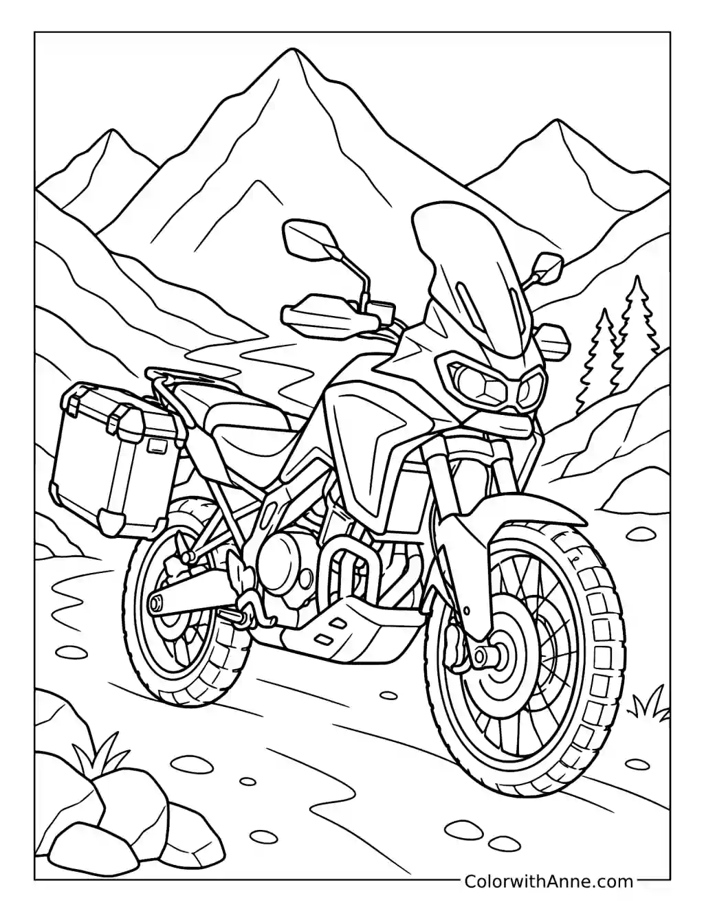 Adventure Motorcycle with Panniers on a Mountain Trail coloring page