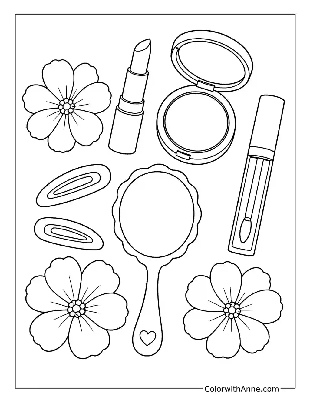 Aesthetic Makeup Flat Lay with Flowers coloring page