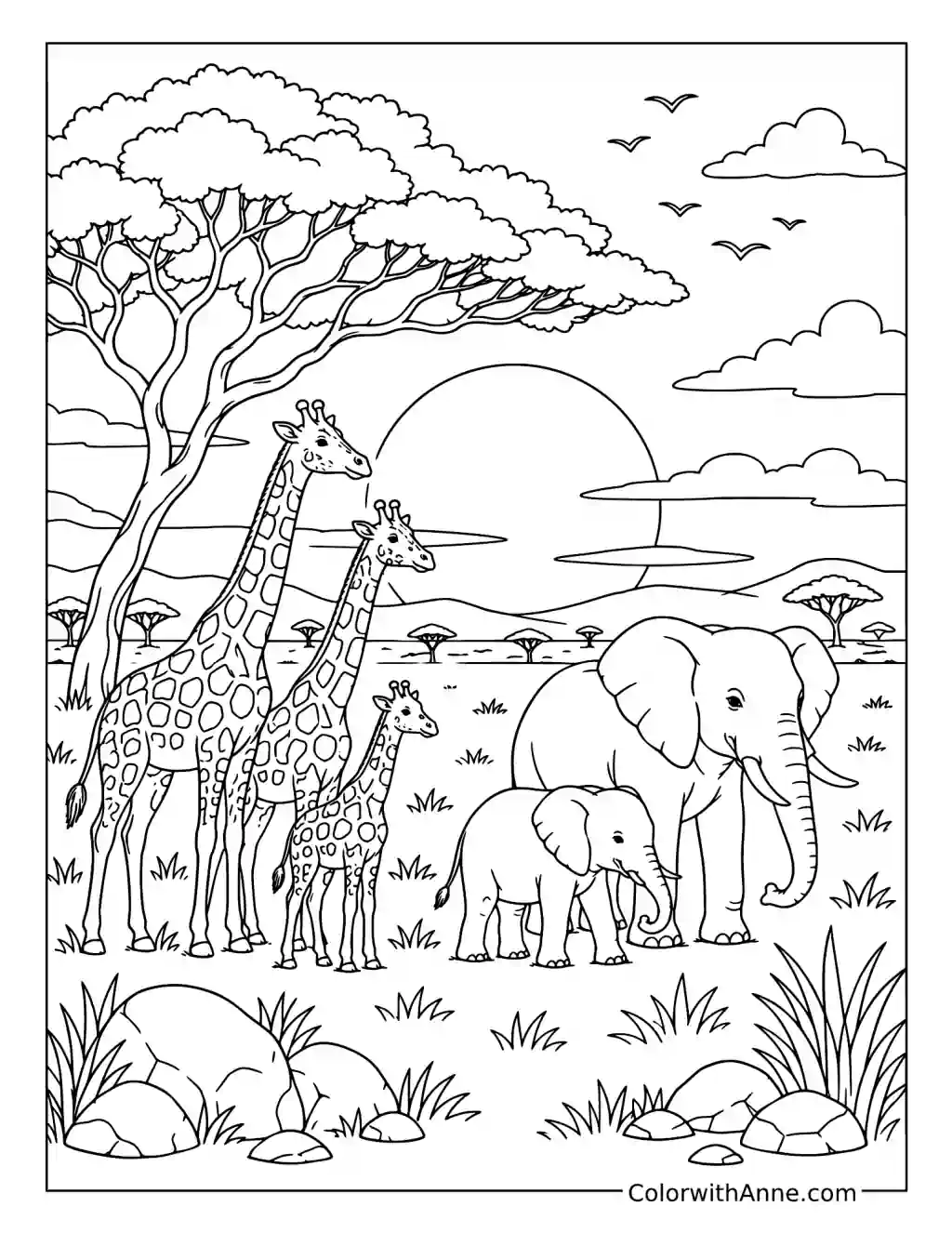 African Savanna Sunset coloring page