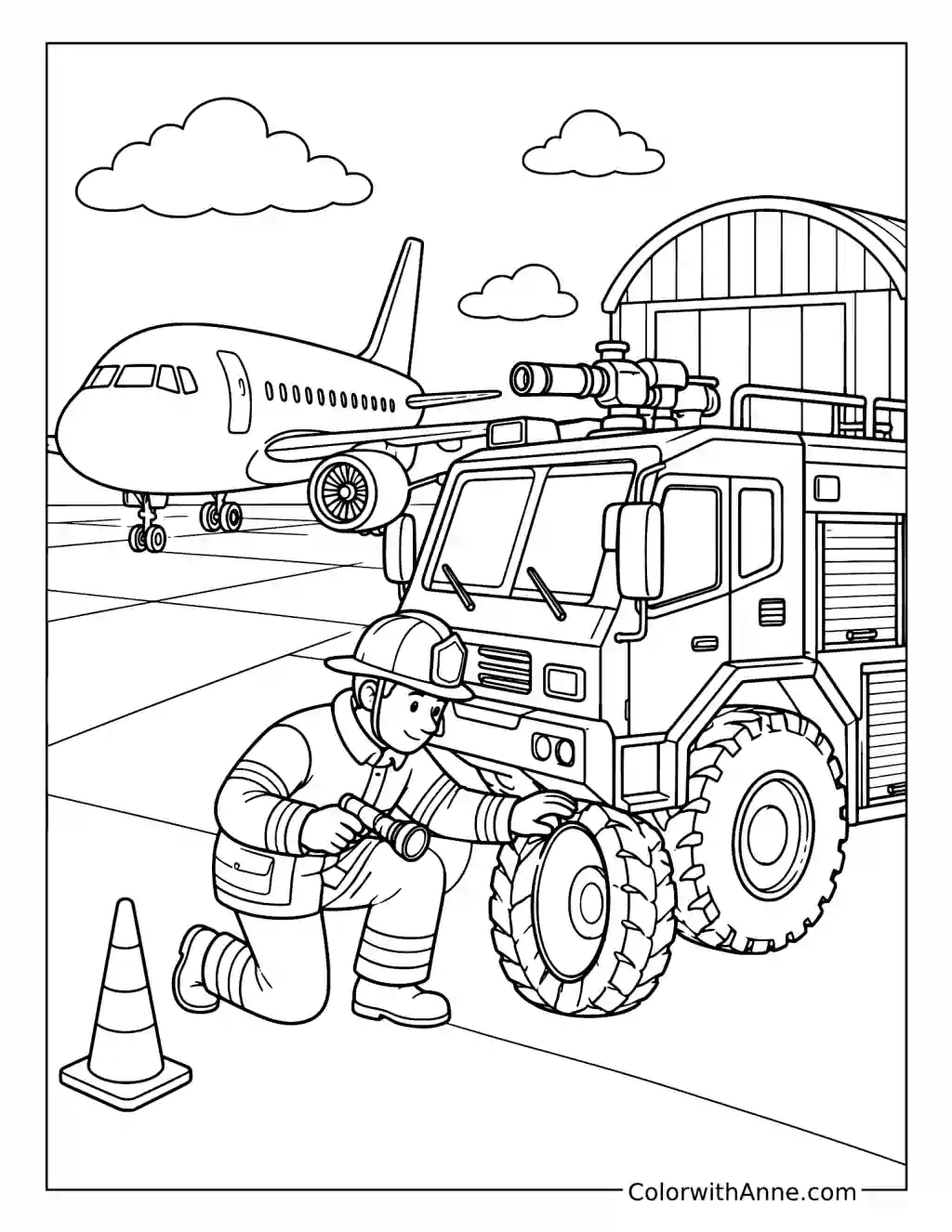 Airport Firefighter Inspecting a Rescue Truck coloring page