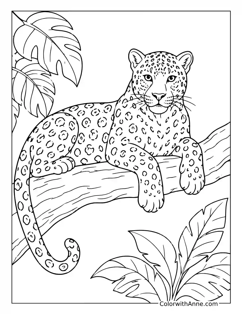 Alert Leopard Resting on a Tree Branch coloring page