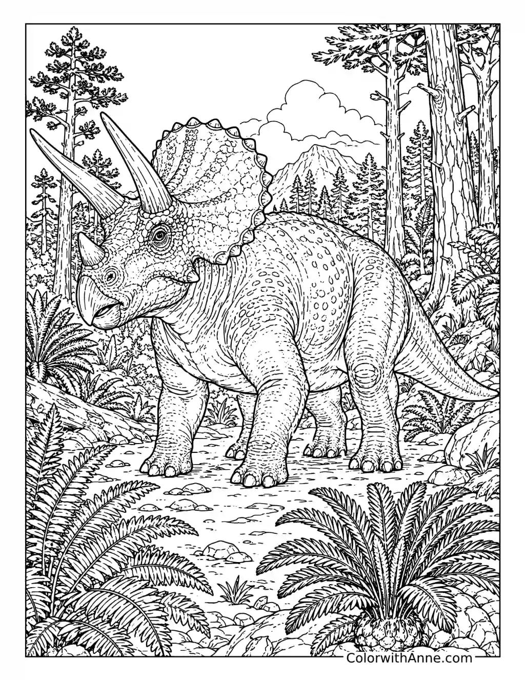 Alert Triceratops in Cretaceous Forest coloring page