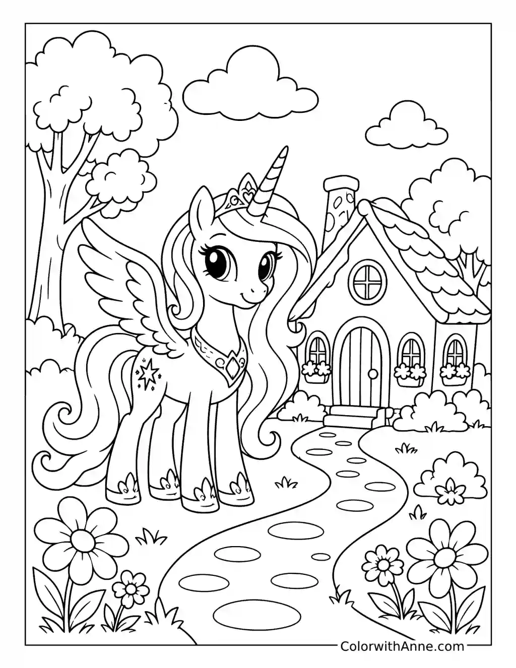 Alicorn Beside a Fairytale Cottage coloring page