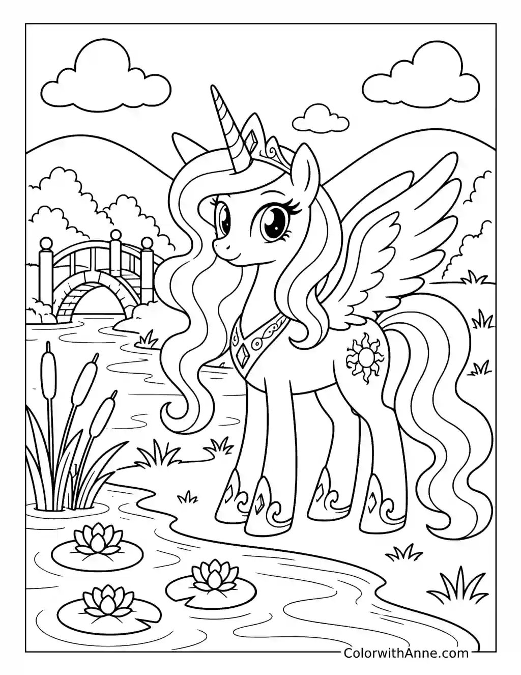 Alicorn Beside a Lily Pond and Bridge coloring page