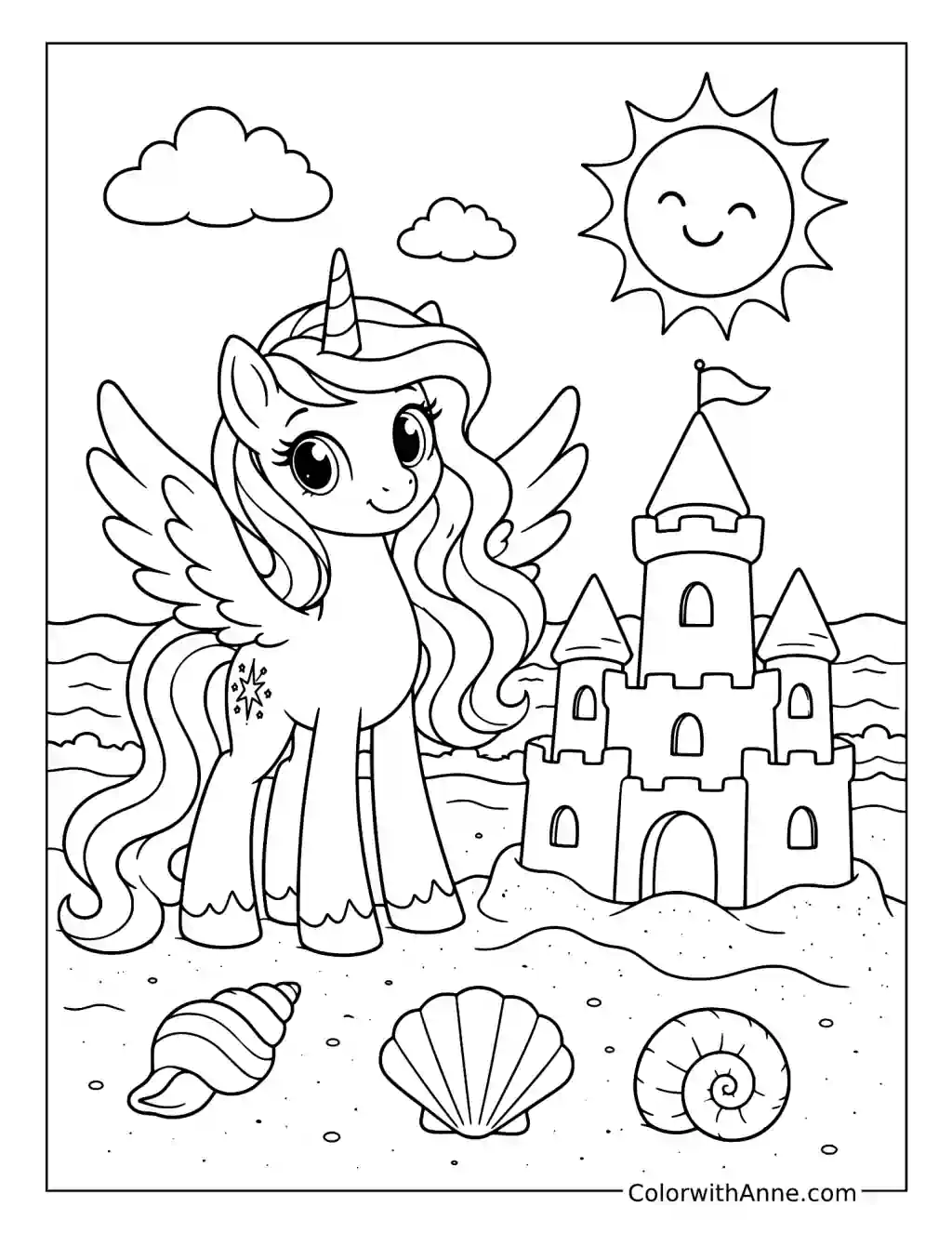 Alicorn Beside a Seaside Sandcastle coloring page