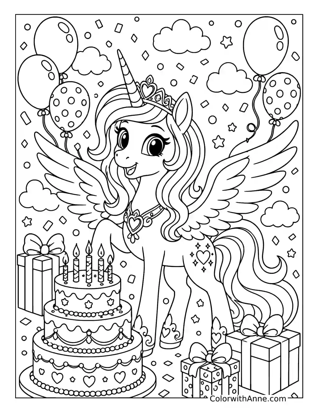Alicorn Birthday Celebration coloring page
