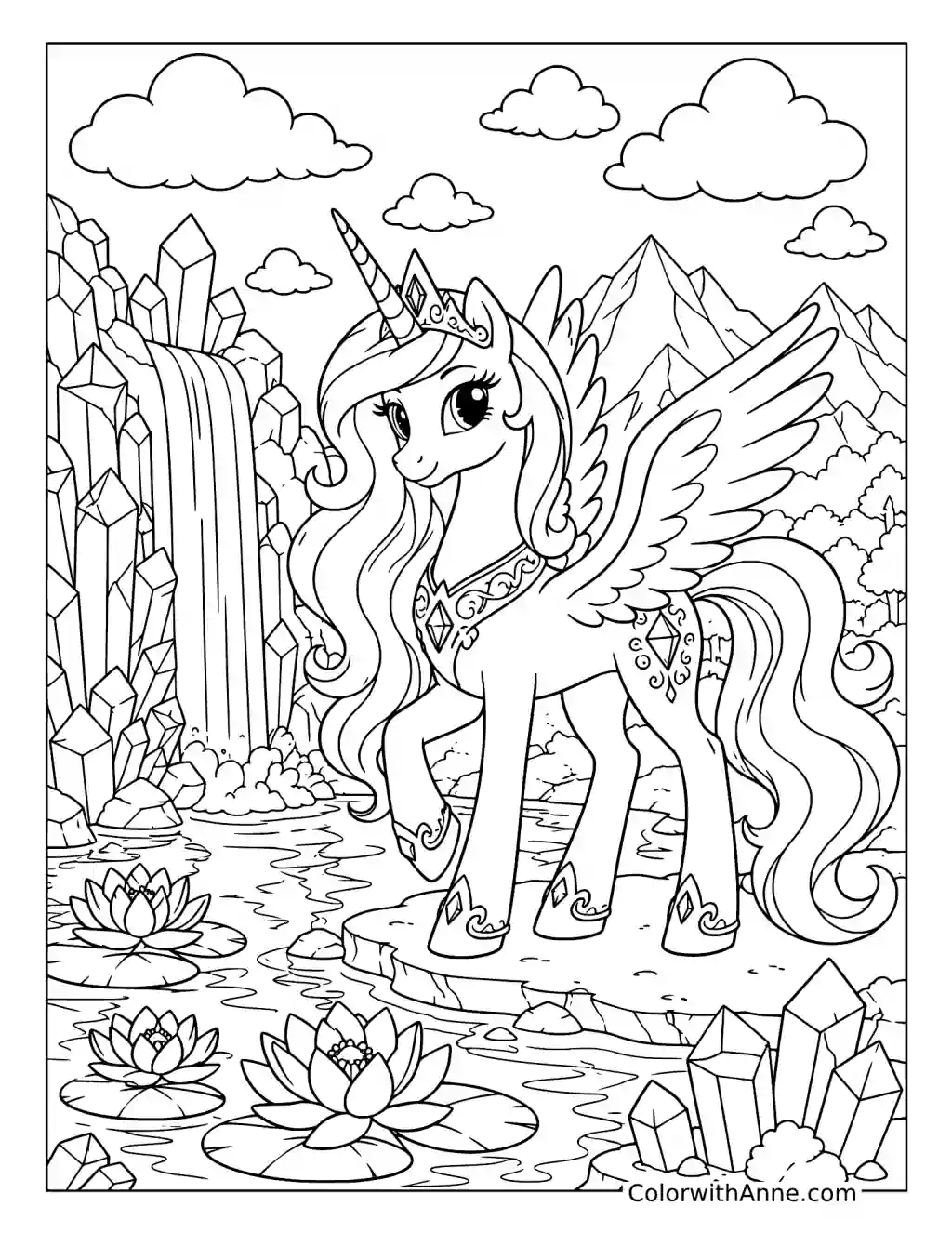 Alicorn by a Crystal Waterfall coloring page