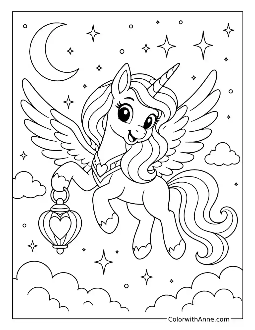 Alicorn Carrying a Heart Lantern in a Starry Sky coloring page