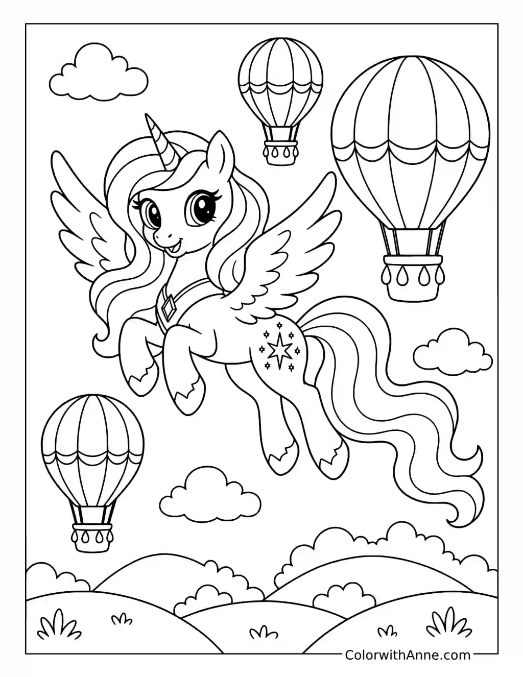 Alicorn Flying with Hot-Air Balloons coloring page