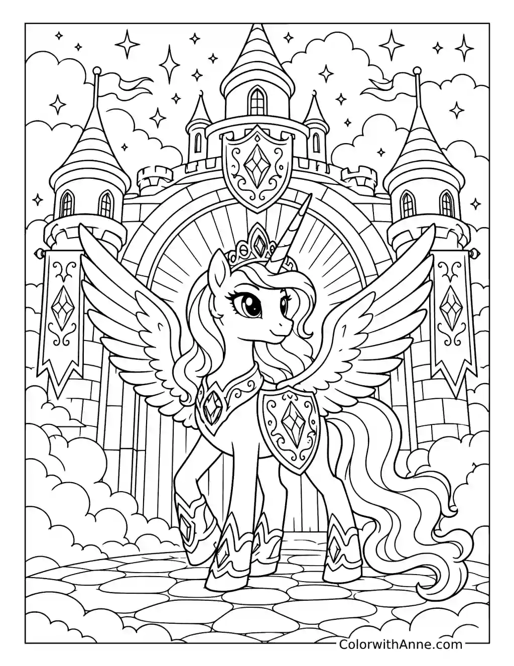 Alicorn Guardian at the Castle Gate coloring page