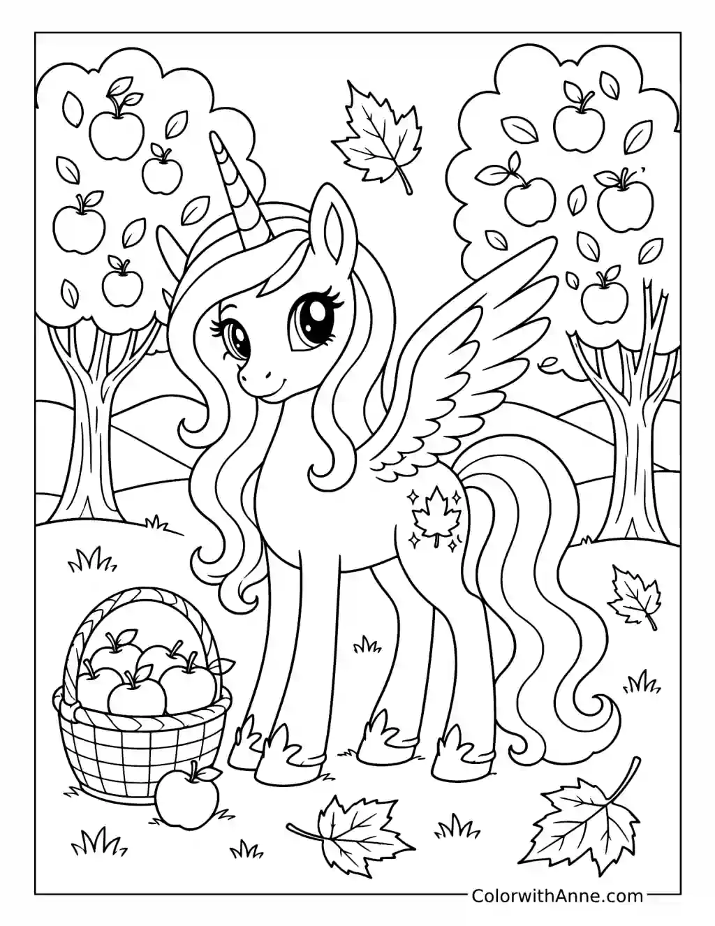 Alicorn in an Autumn Apple Orchard coloring page