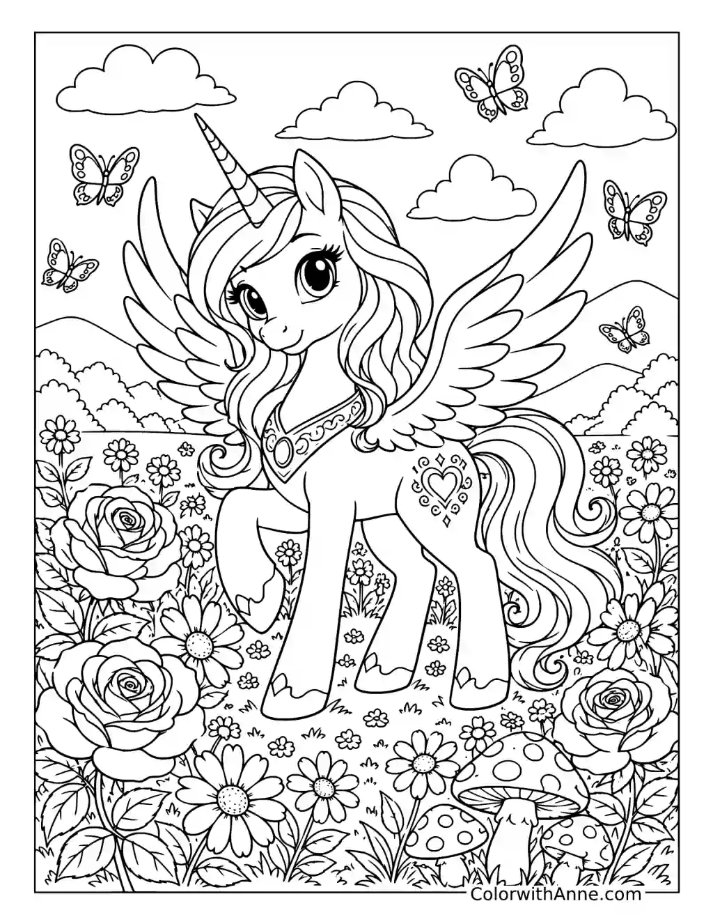 Alicorn in an Enchanted Flower Meadow coloring page