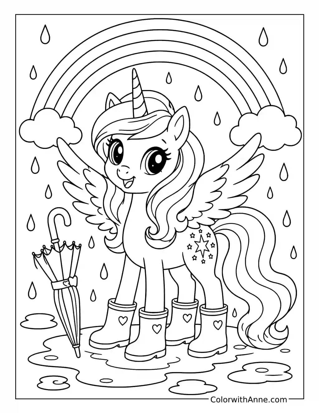 Alicorn in Rain Boots Under a Rainbow coloring page