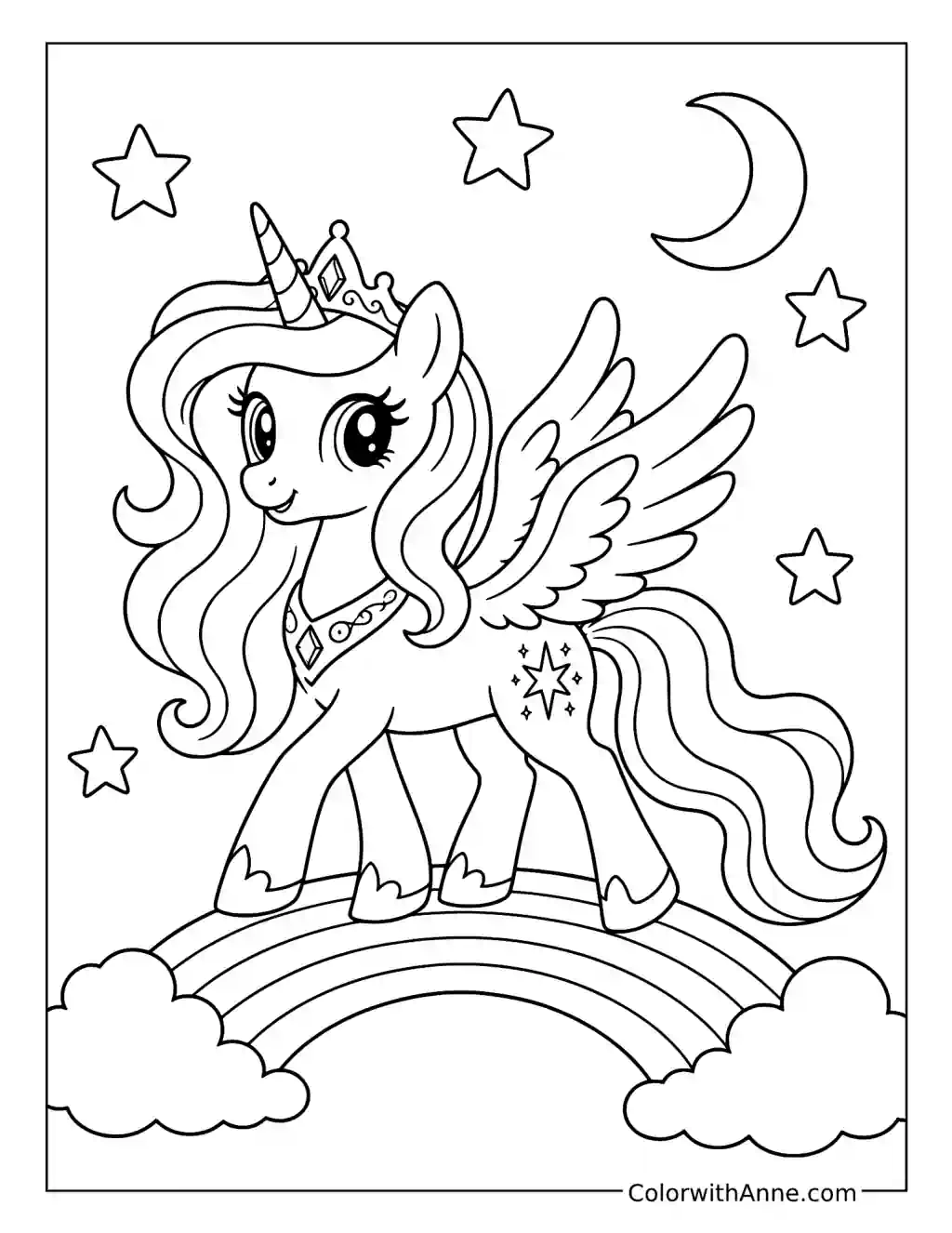 Alicorn on a Rainbow Bridge coloring page