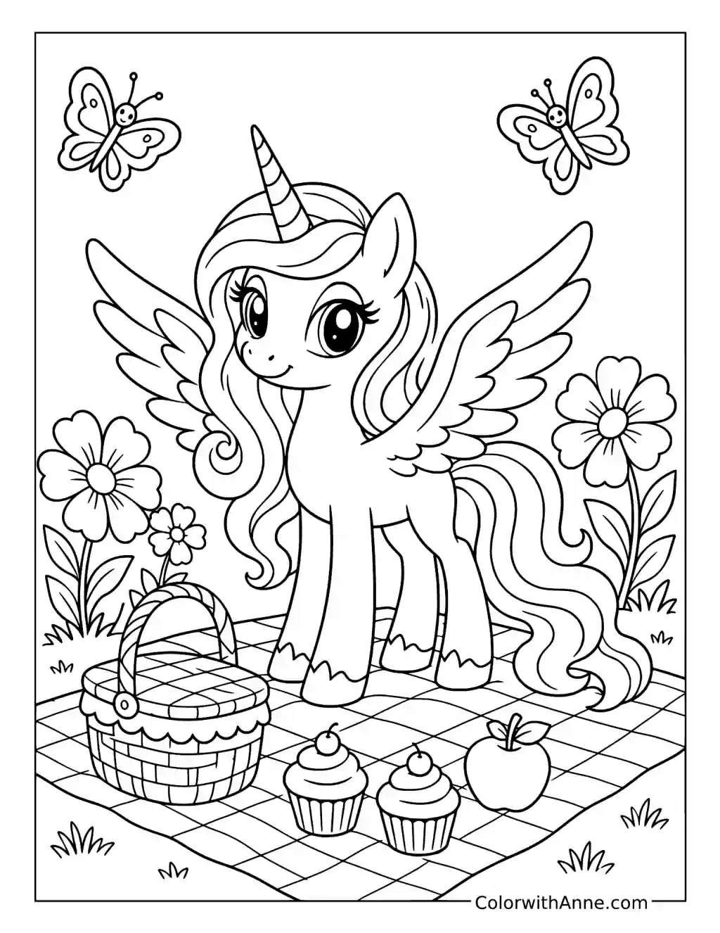 Alicorn Picnic in a Flower Meadow coloring page